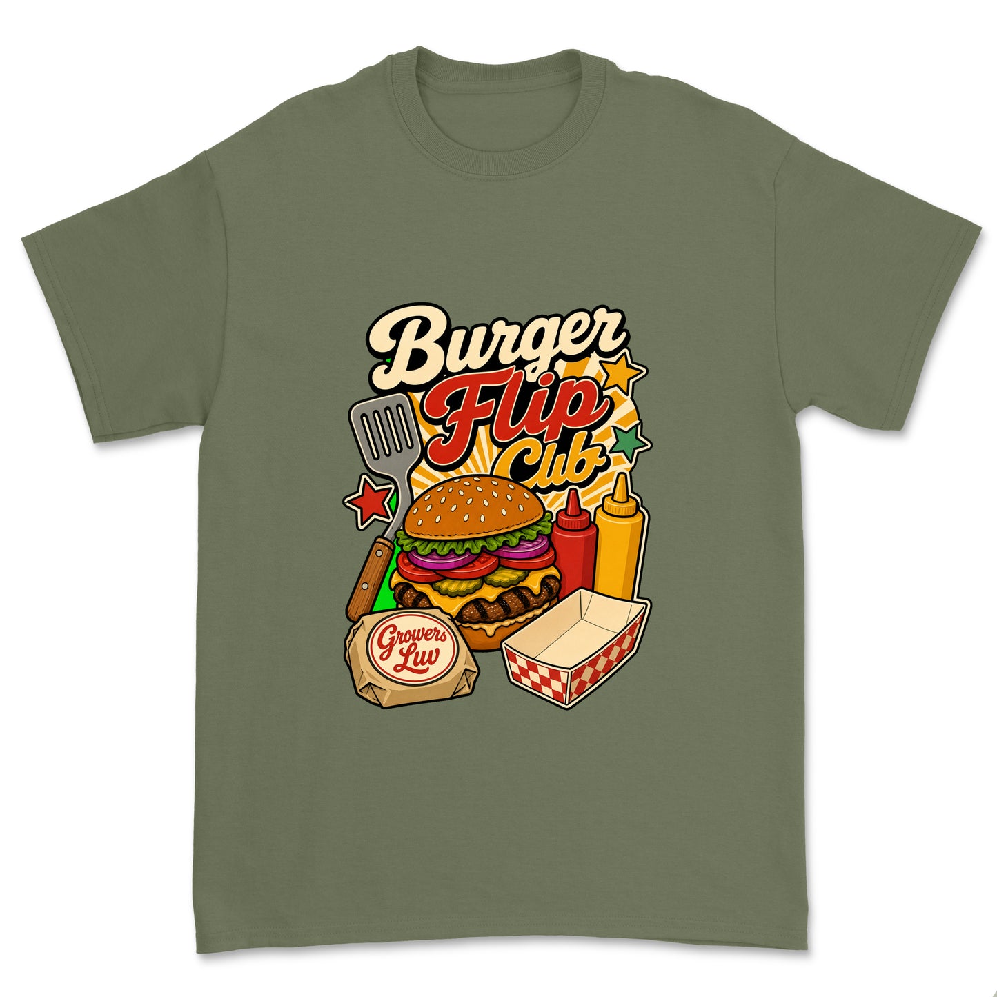 Burger Flip Club Men's Gildan Graphic Tee in Military Green