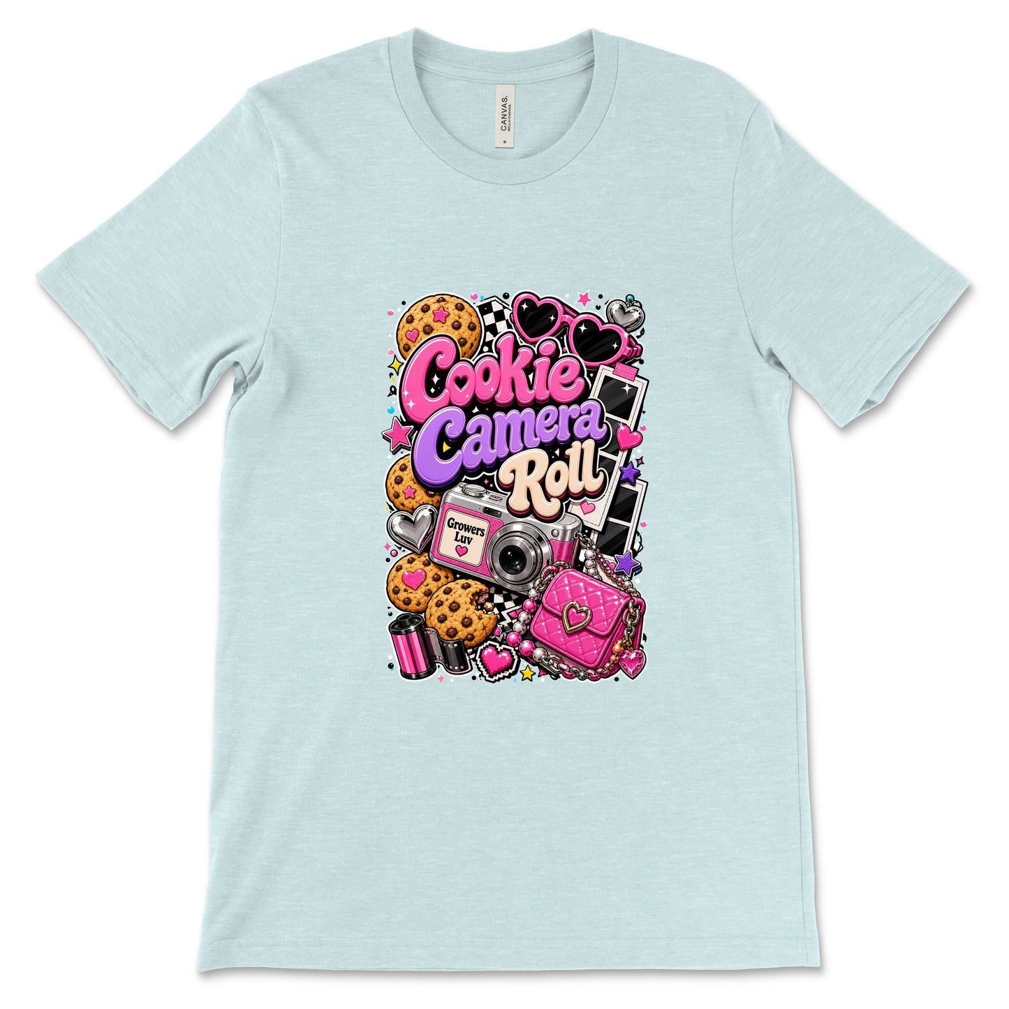 Cookie Camera Roll Women's Bella Canvas Graphic Tee in Heather Ice Blue