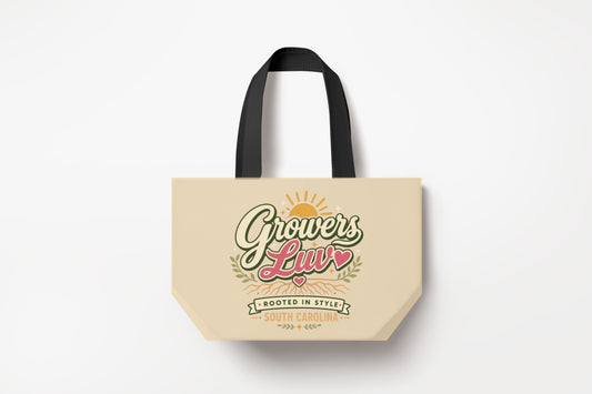 Rooted In Style Large Natural Tote Bag product mockup on natural tote bag