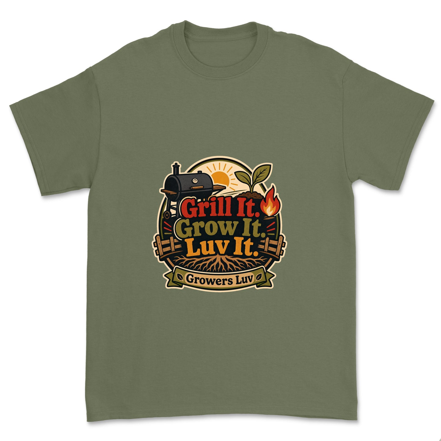 Grill It Grow It Luv It Men's Gildan Graphic Tee in Military Green