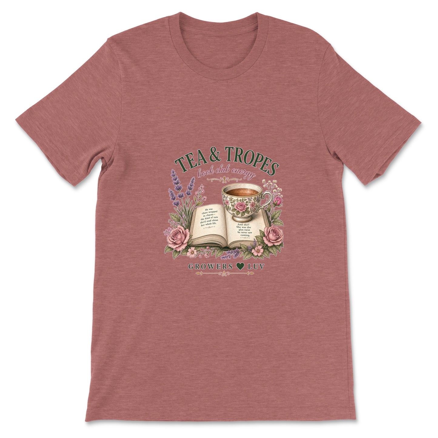 Tea And Tropes Women's Bella Canvas Graphic Tee in Heather Mauve