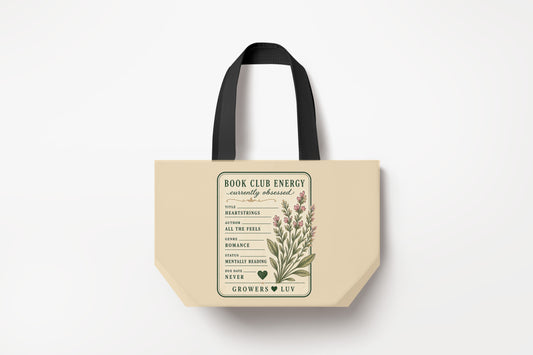 Currently Obsessed Book Club Large Natural Tote Bag product mockup on natural tote bag