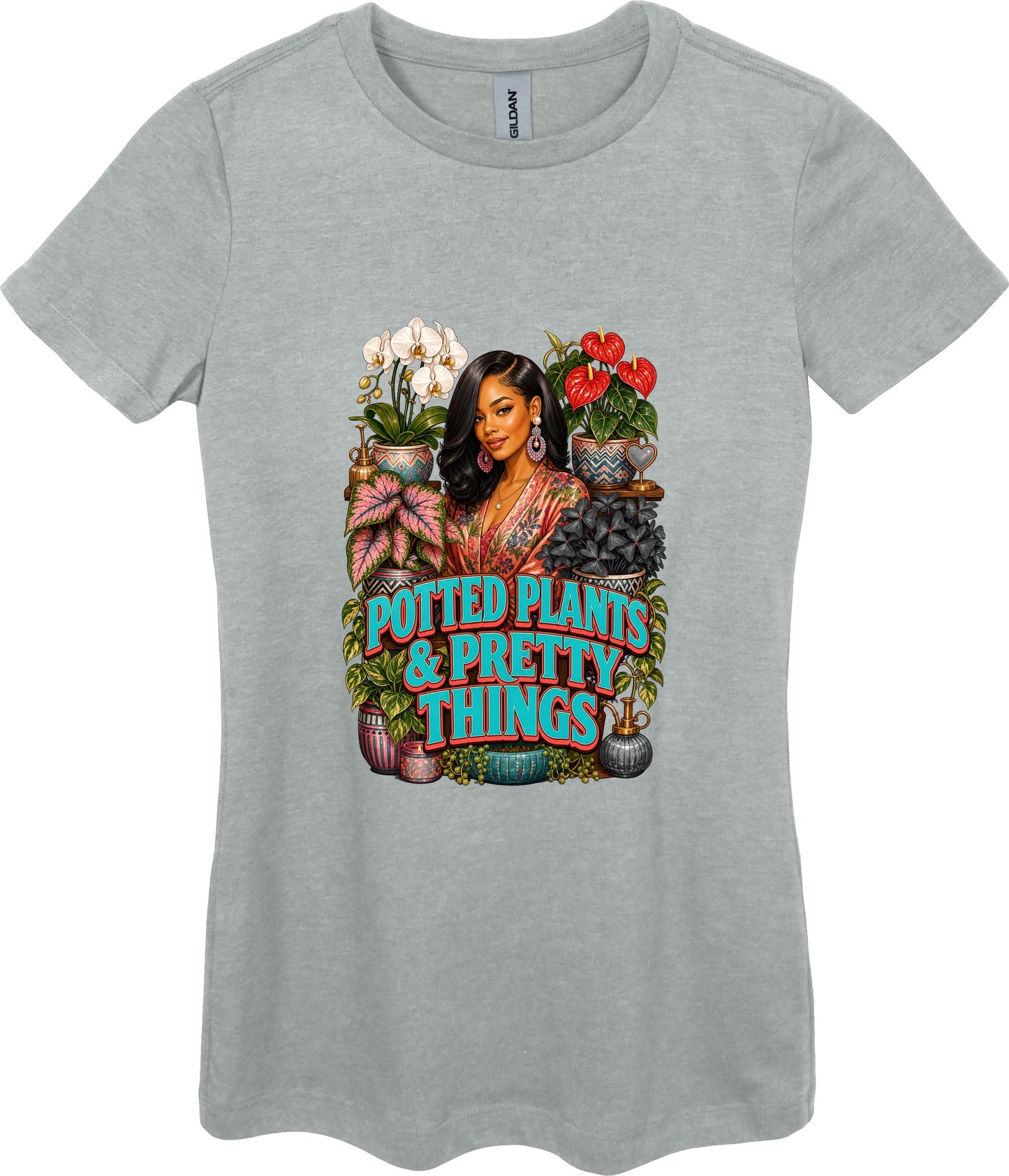 Potted Plants and Pretty Things Women's Plant Lover Graphic Tee in Ring Spun Sport Grey