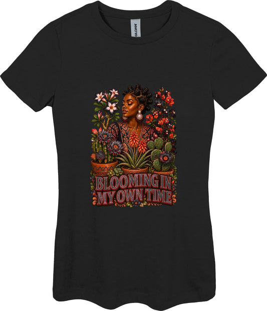 Blooming in My Own Time Women's Plant Lover Graphic Tee in Black