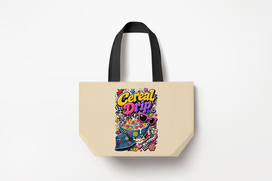 Cereal Drip Large Natural Tote Bag product mockup on natural tote bag