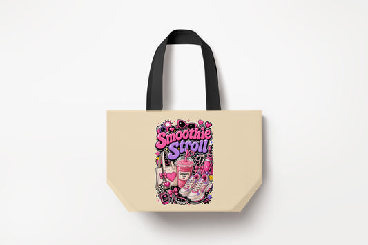 Smoothie Stroll Large Natural Tote Bag product mockup on natural tote bag