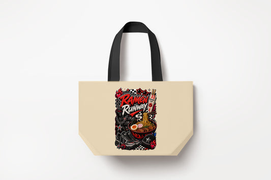 Ramen Runway Large Natural Tote Bag product mockup on natural tote bag