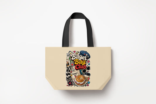 Bagel Bag Club Large Natural Tote Bag product mockup on natural tote bag