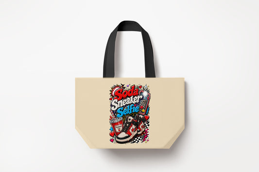 Soda Sneaker Selfie Large Natural Tote Bag product mockup on natural tote bag