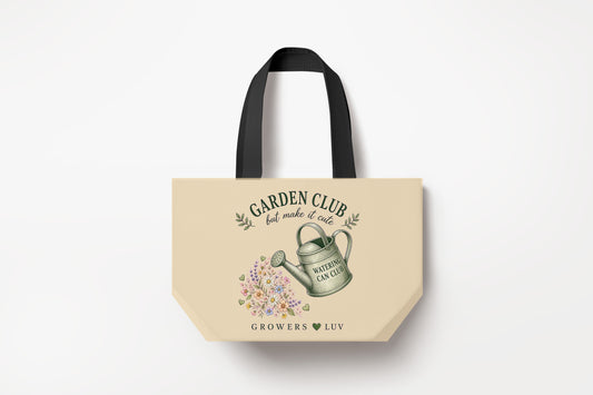 Garden Club But Make It Cute Large Natural Tote Bag product mockup on natural tote bag