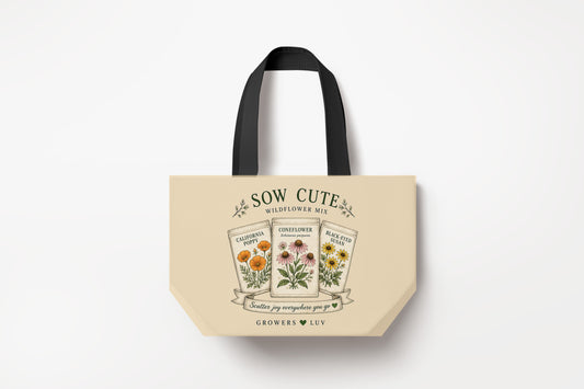 Sow Cute Wildflower Mix Large Natural Tote Bag product mockup on natural tote bag