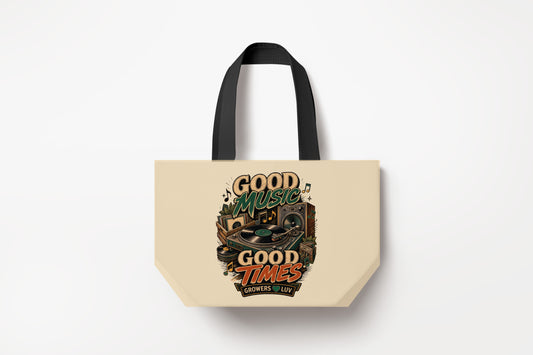 Good Music Good Times Large Natural Tote Bag product mockup on natural tote bag