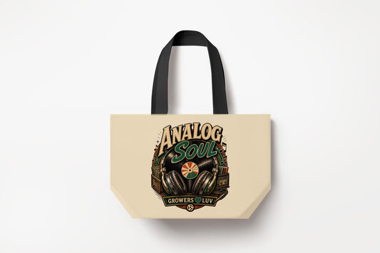 Analog Soul Large Natural Tote Bag product mockup on natural tote bag