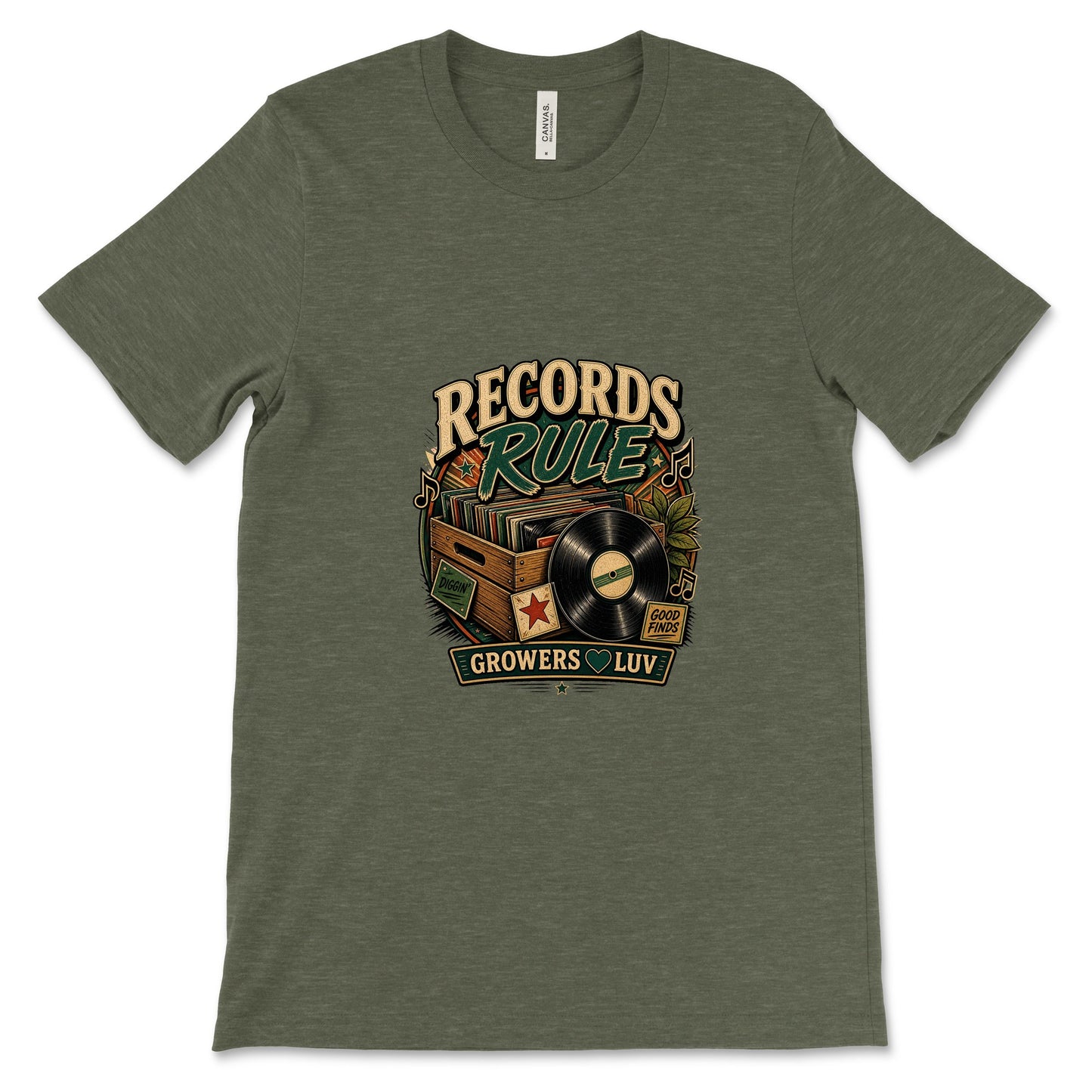 Records Rule Women's Bella Canvas Graphic Tee in Heather Military Green