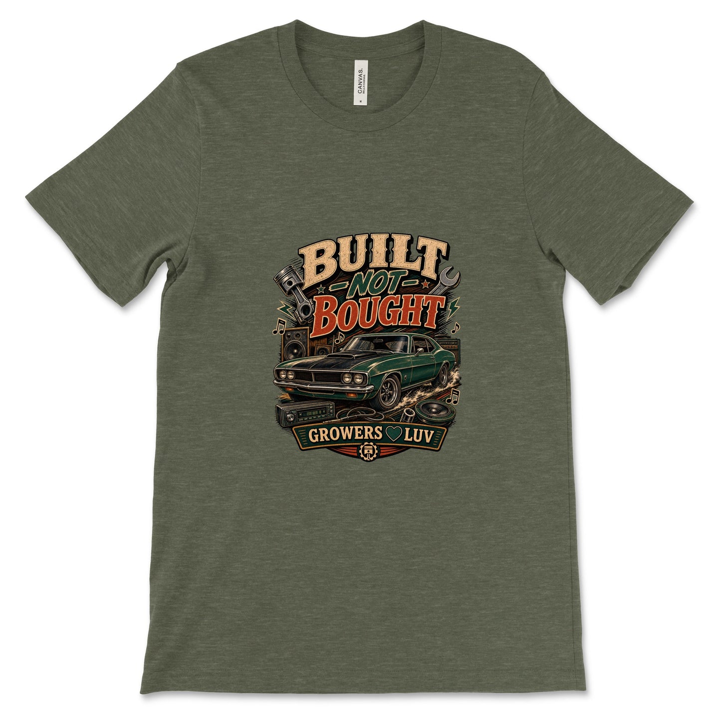 Built Not Bought Women's Bella Canvas Graphic Tee in Heather Military Green