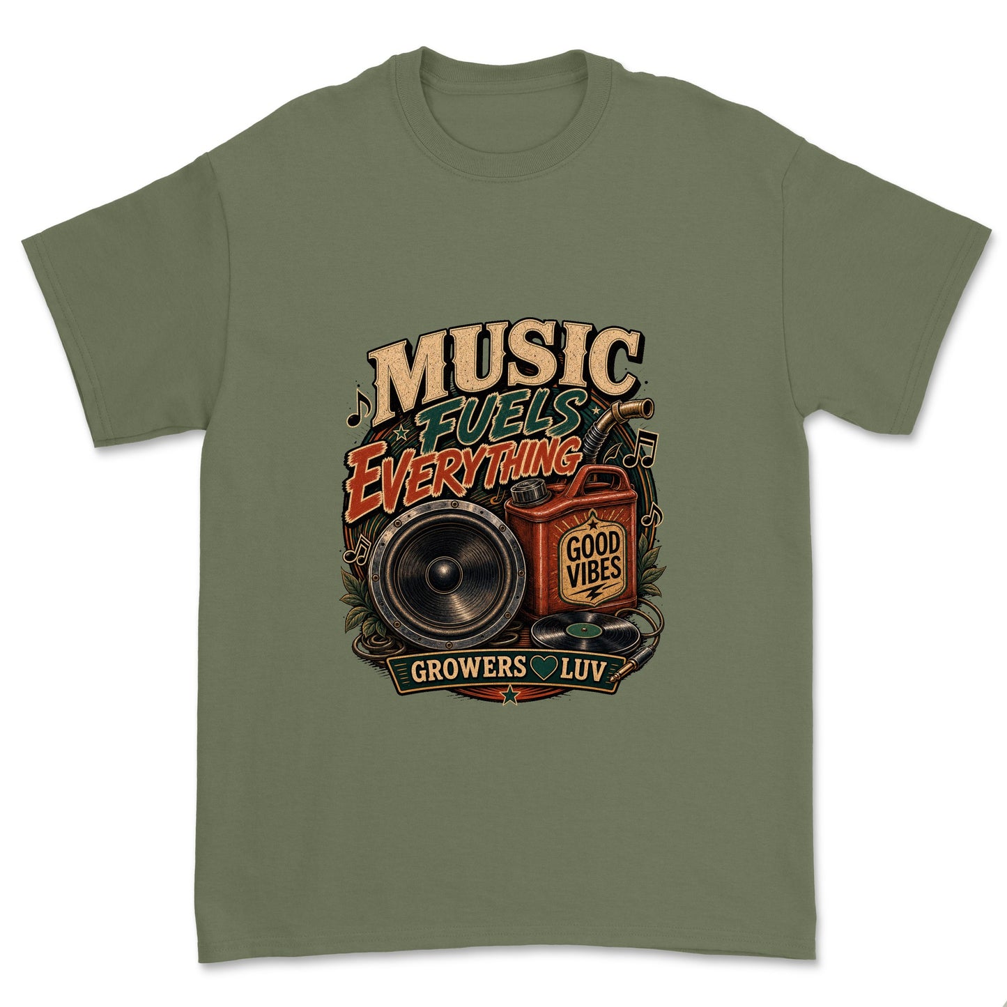 Music Fuels Everything Men's Gildan Graphic Tee in Military Green