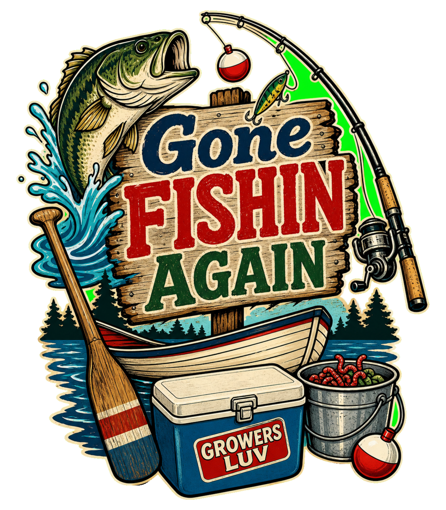 Gone Fishin Again Large Natural Tote Bag artwork detail