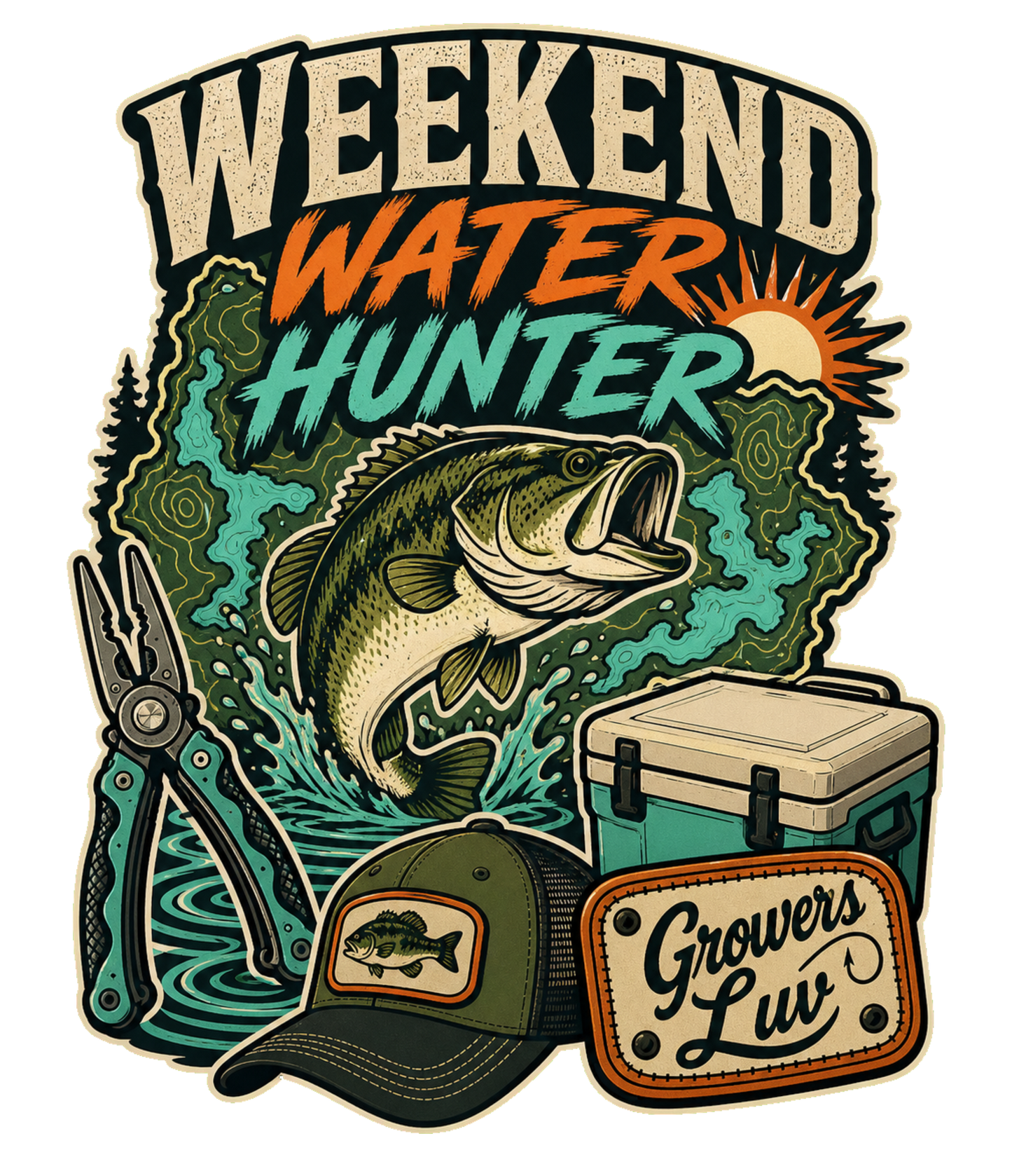 Weekend Water Hunter Large Natural Tote Bag artwork detail