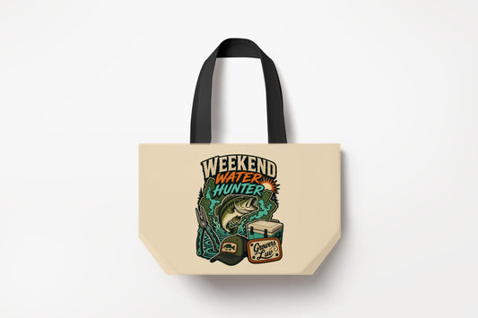 Weekend Water Hunter Large Natural Tote Bag product mockup on natural tote bag