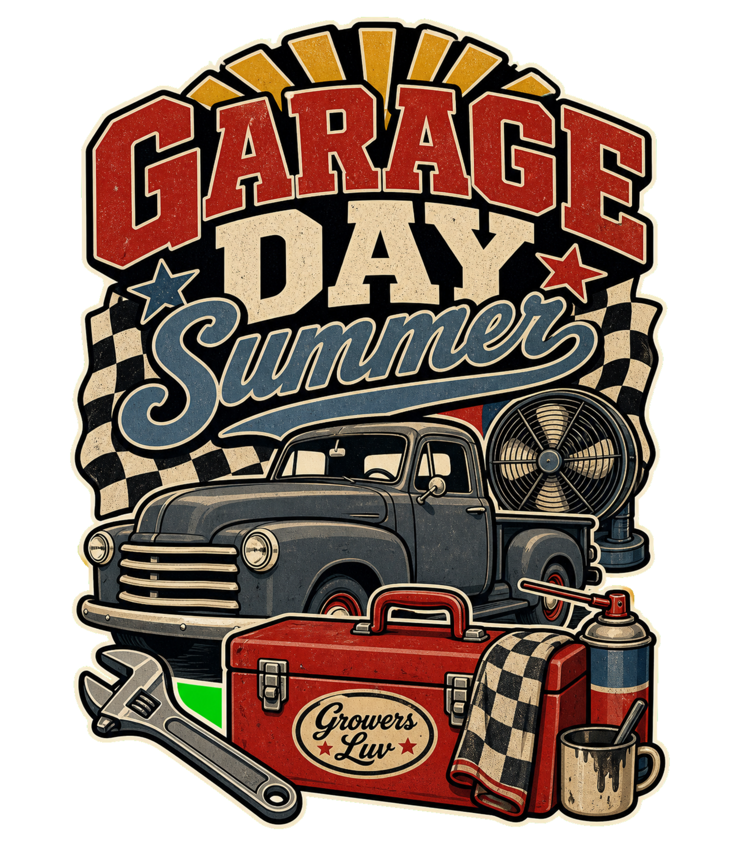 Garage Day Summer Large Natural Tote Bag artwork detail