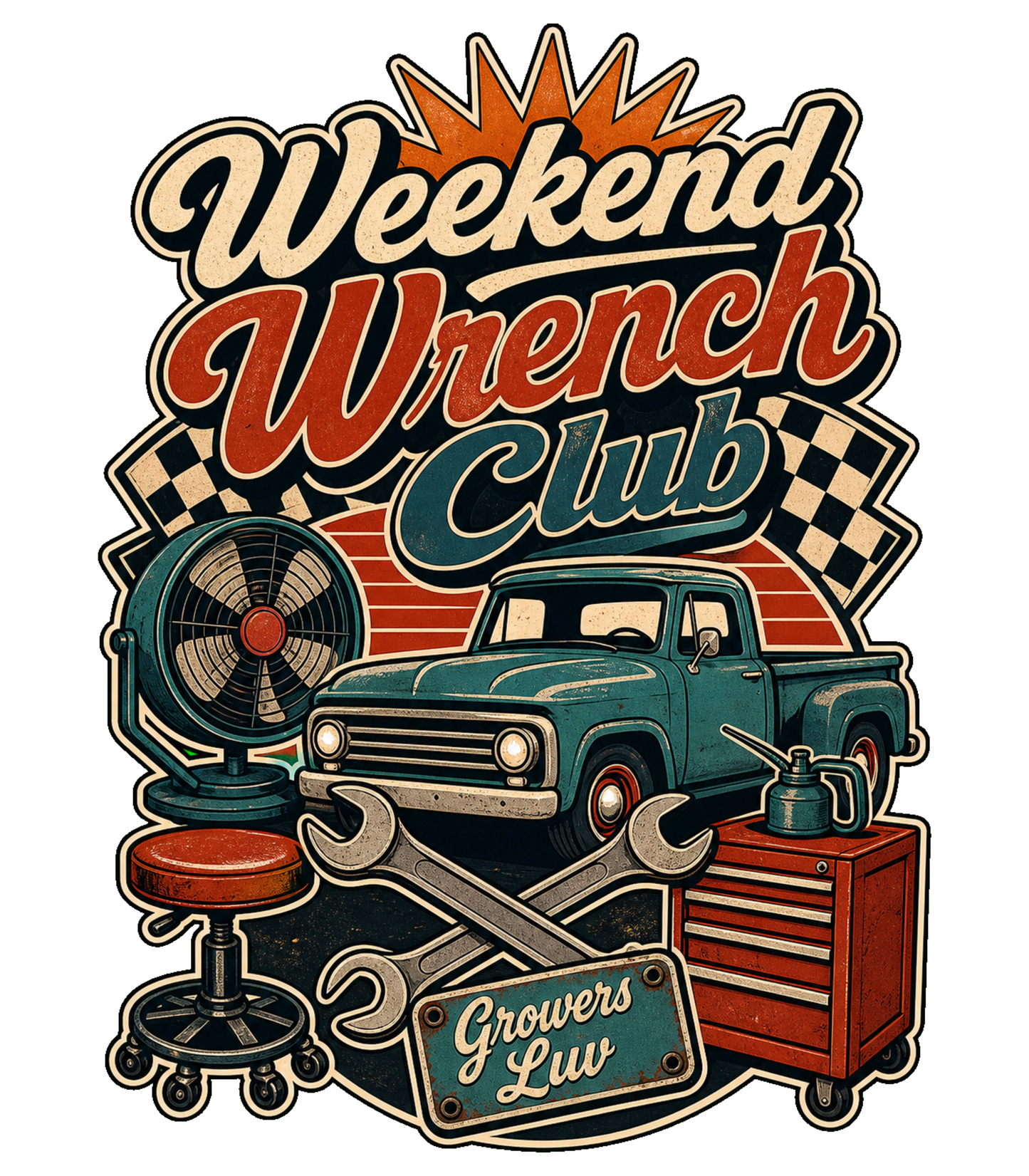 Weekend Wrench Club Large Natural Tote Bag artwork detail
