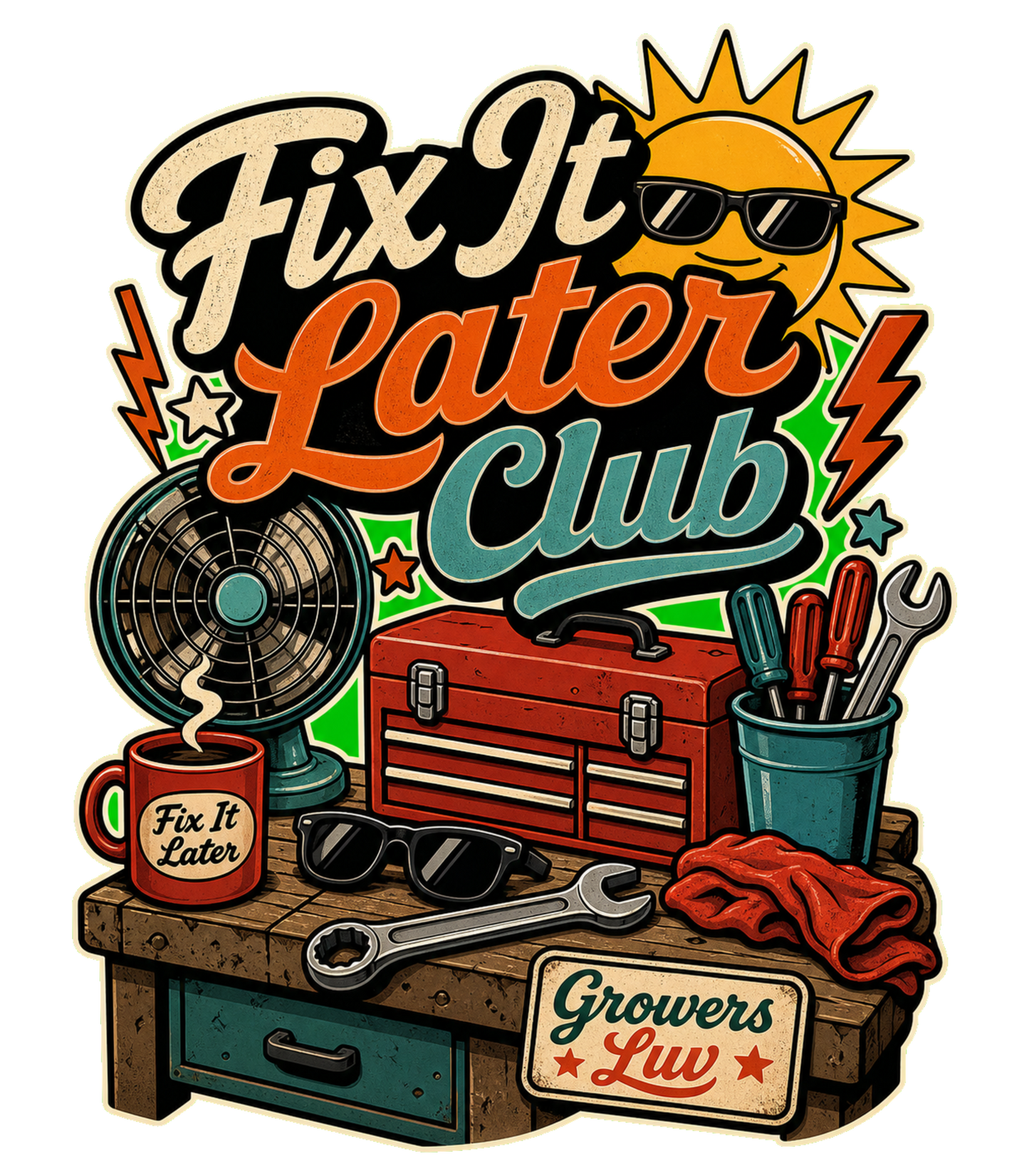 Fix It Later Club Large Natural Tote Bag artwork detail