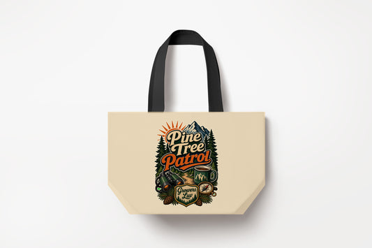 Pine Tree Patrol Large Natural Tote Bag product mockup on natural tote bag