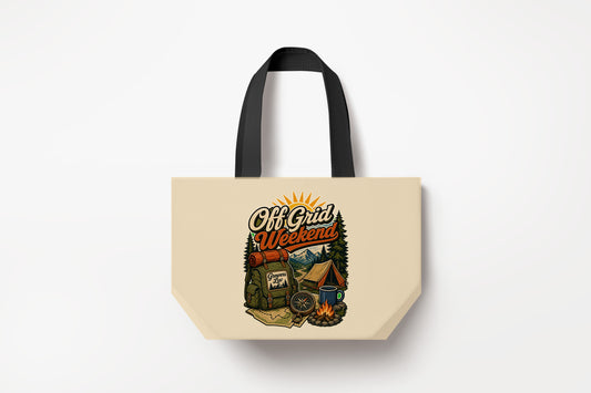 Off Grid Weekend Large Natural Tote Bag product mockup on natural tote bag