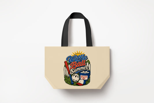 Wiffle Ball Summer Large Natural Tote Bag product mockup on natural tote bag