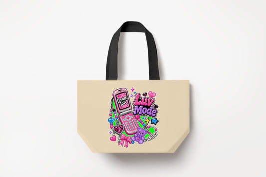 Luv Mode Phone Large Natural Tote Bag product mockup on natural tote bag