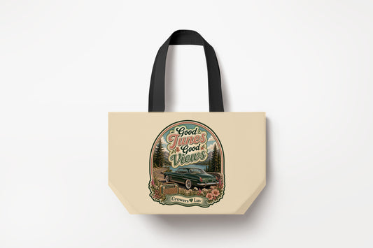 Good Tunes Good Views Large Natural Tote Bag product mockup on natural tote bag