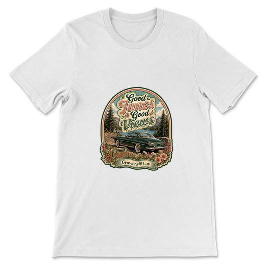 Good Tunes Good Views Women's Bella Canvas Graphic Tee in White