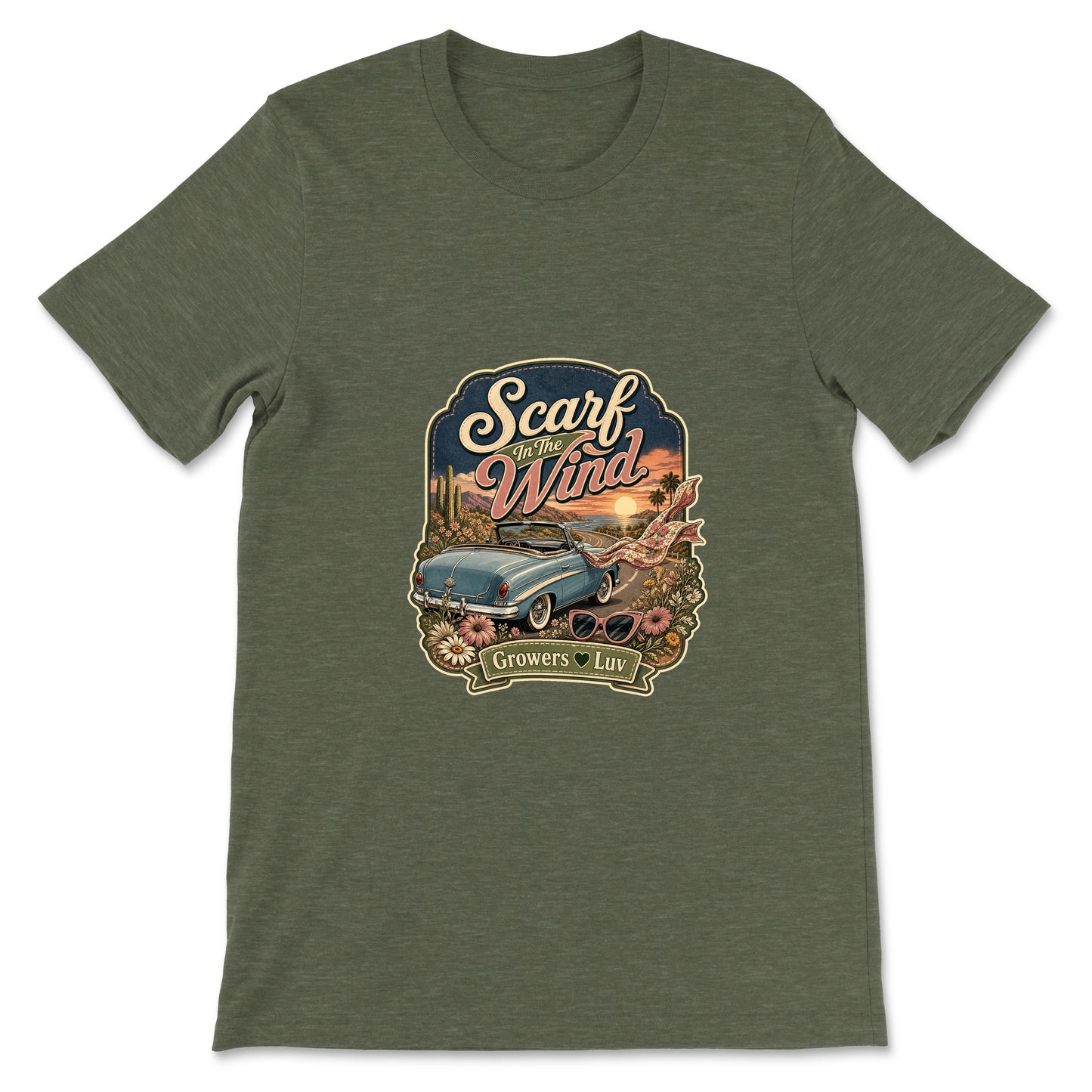 Scarf In The Wind Women's Bella Canvas Graphic Tee in Heather Military Green