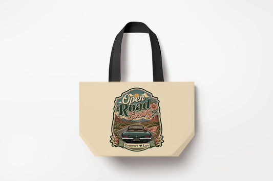 Open Road Society Large Natural Tote Bag product mockup on natural tote bag