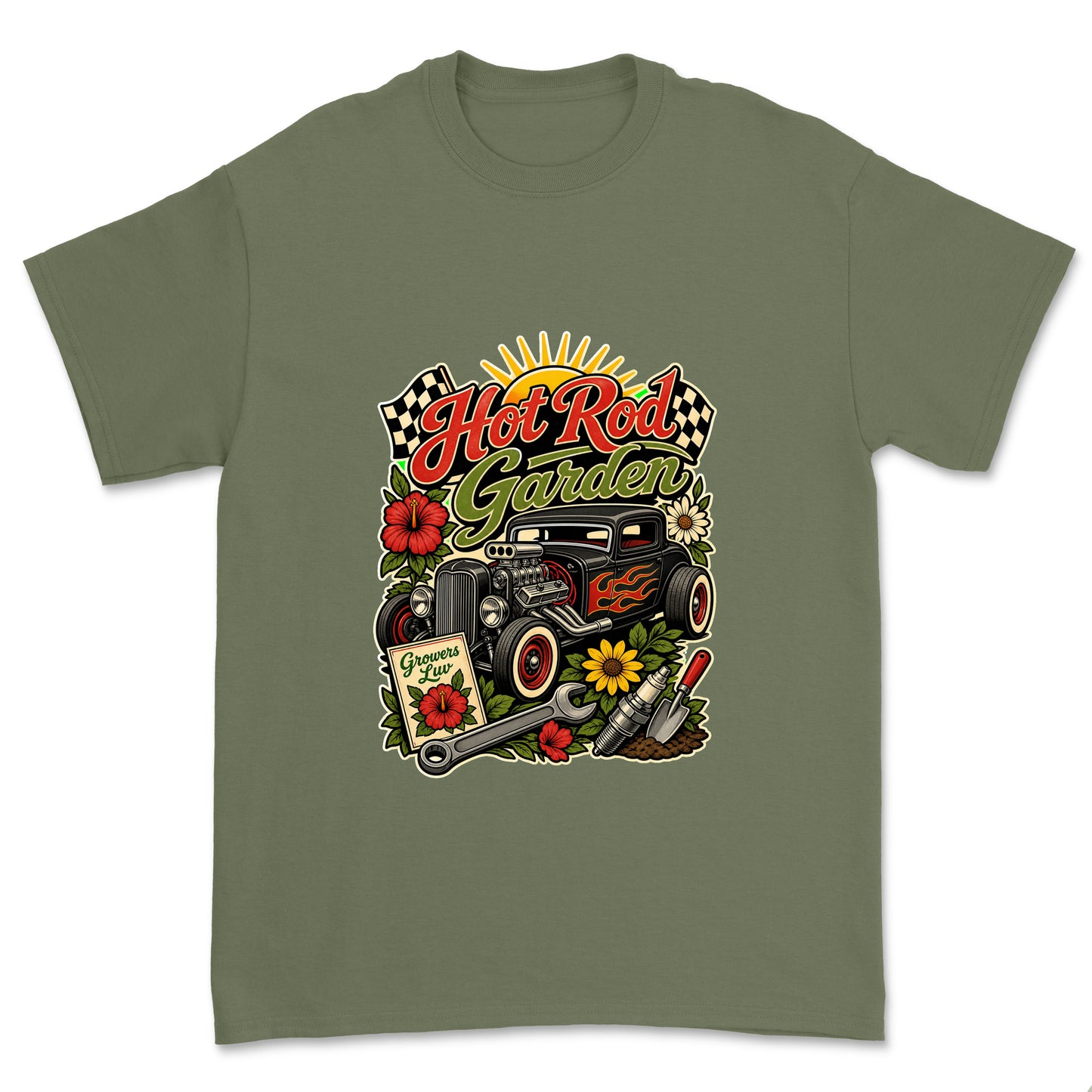 Hot Rod Garden Men's Gildan Graphic Tee in Military Green