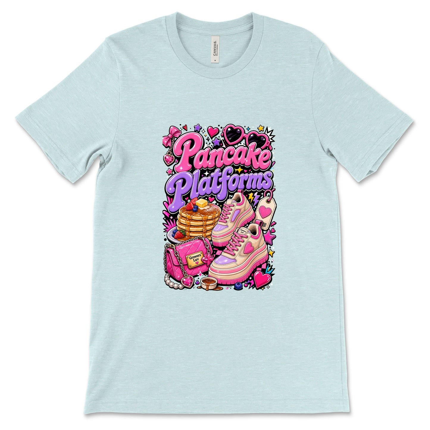Pancake Platforms Women's Bella Canvas Graphic Tee in Heather Ice Blue