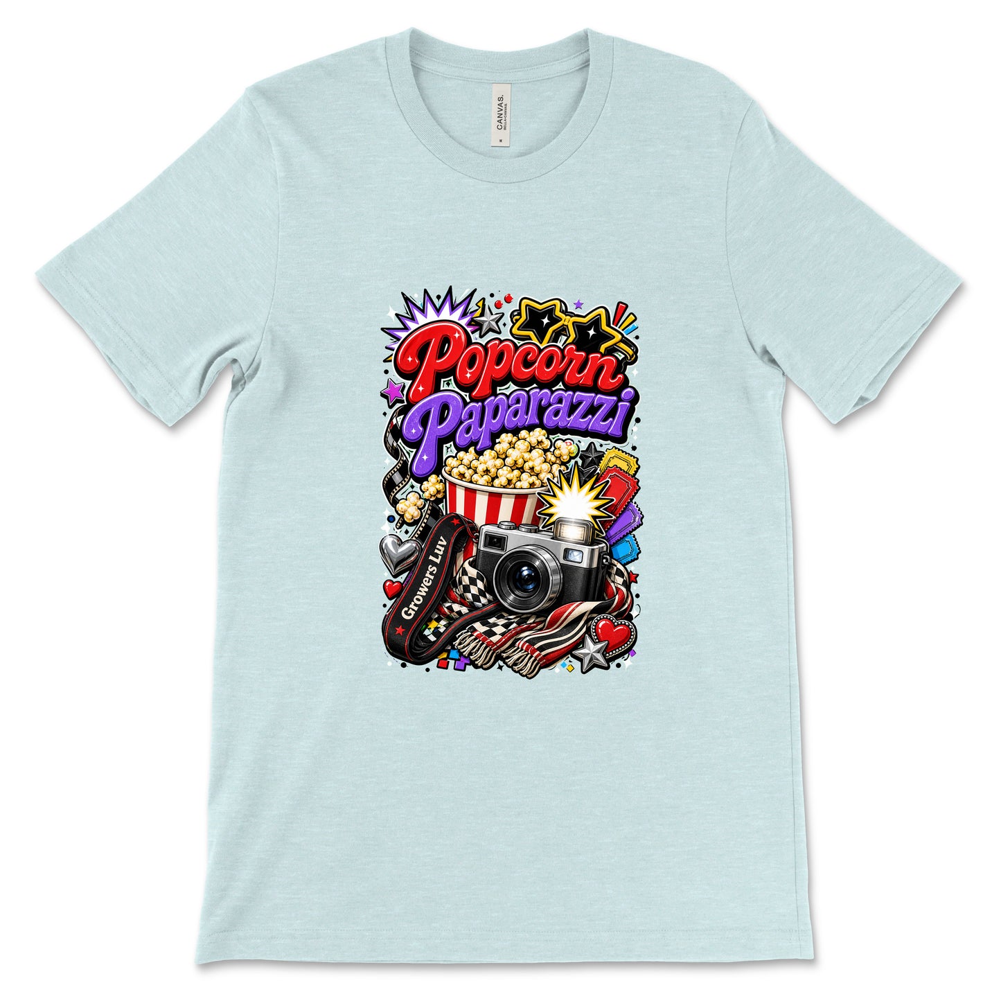 Popcorn Paparazzi Women's Bella Canvas Graphic Tee in Heather Ice Blue