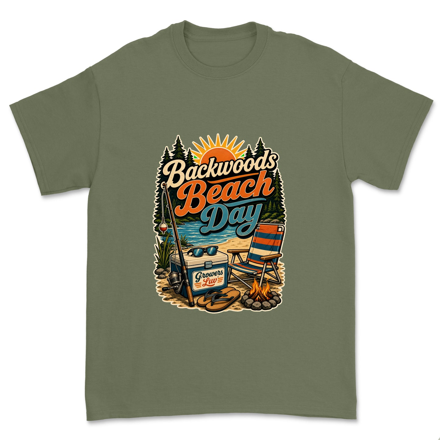 Backwoods Beach Day Men's Gildan Graphic Tee in Military Green
