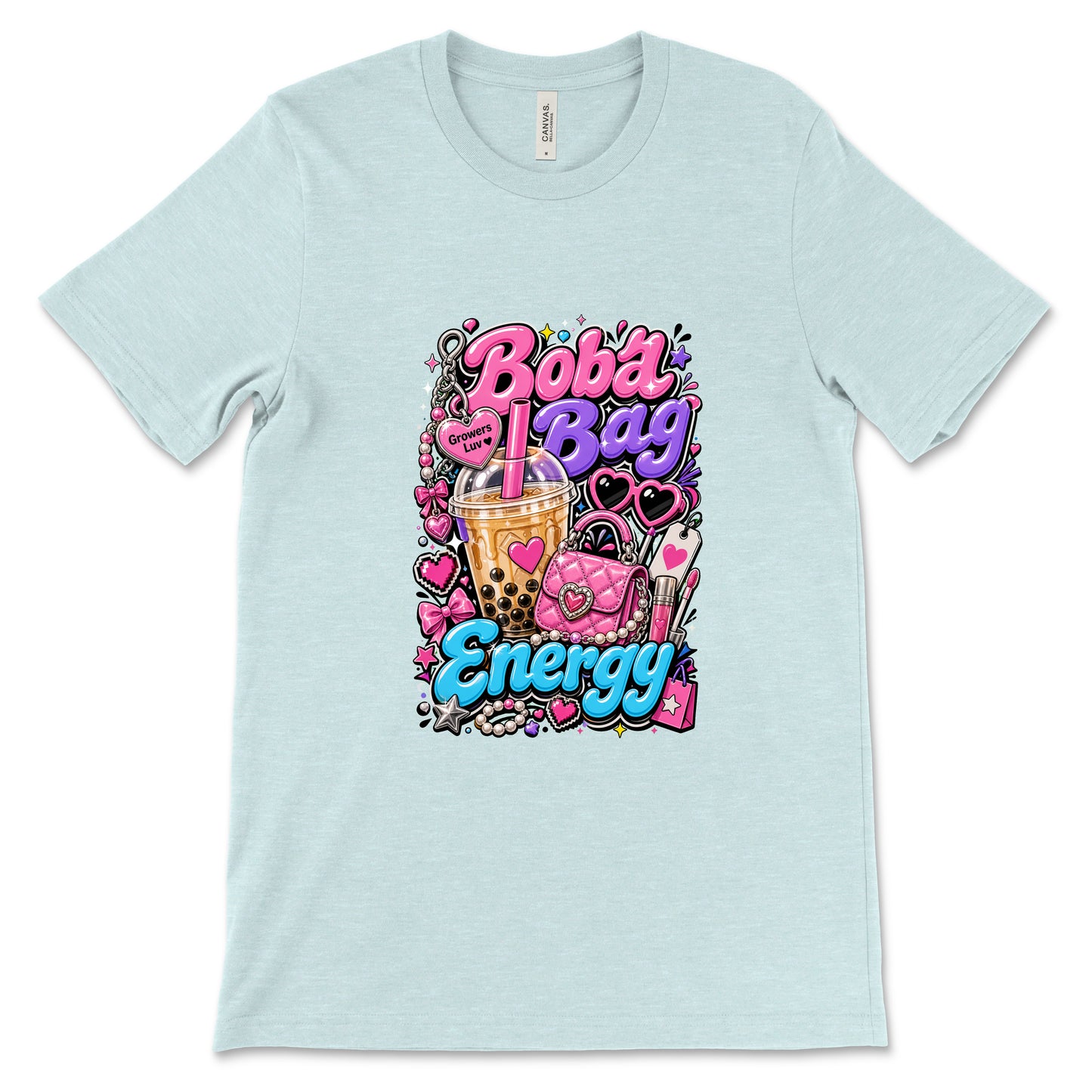 Boba Bag Energy Women's Bella Canvas Graphic Tee in Heather Ice Blue