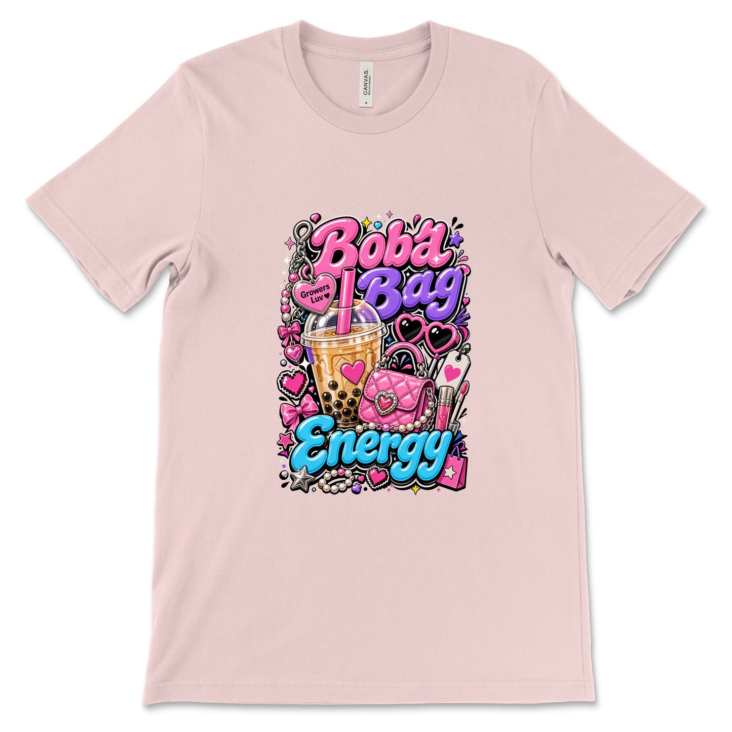 Boba Bag Energy Women's Bella Canvas Graphic Tee in Soft Pink