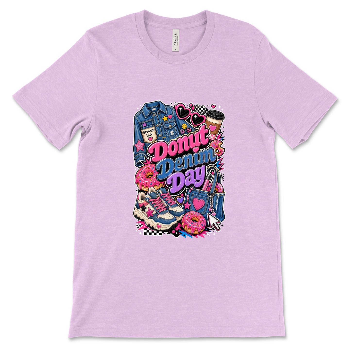 Donut Denim Day Women's Bella Canvas Graphic Tee in Heather Prism Lilac