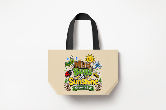 Mud Bugs Sunshine V2 Large Natural Tote Bag product mockup on natural tote bag
