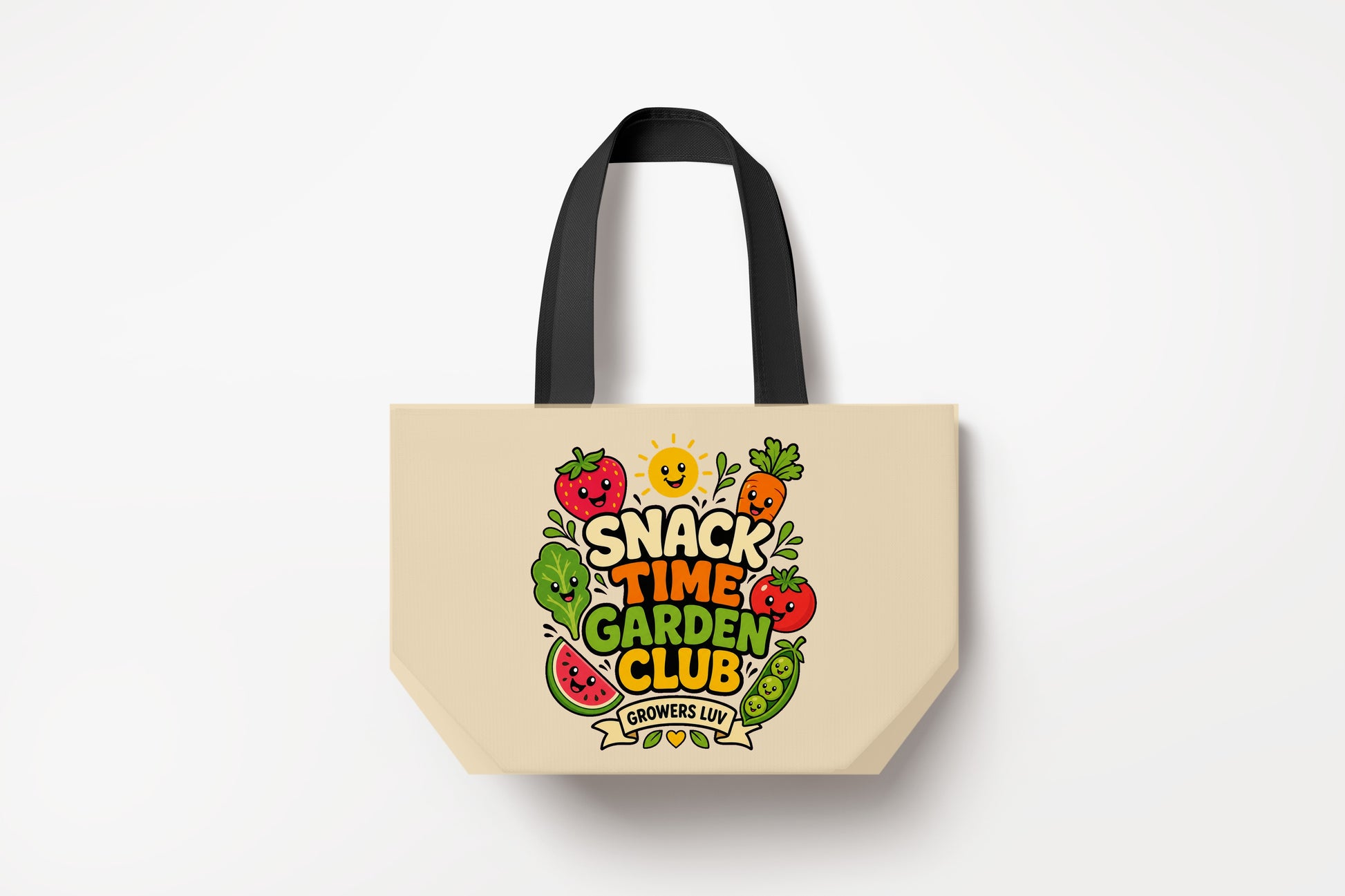 Snack Time Garden Club Large Natural Tote Bag product mockup on natural tote bag