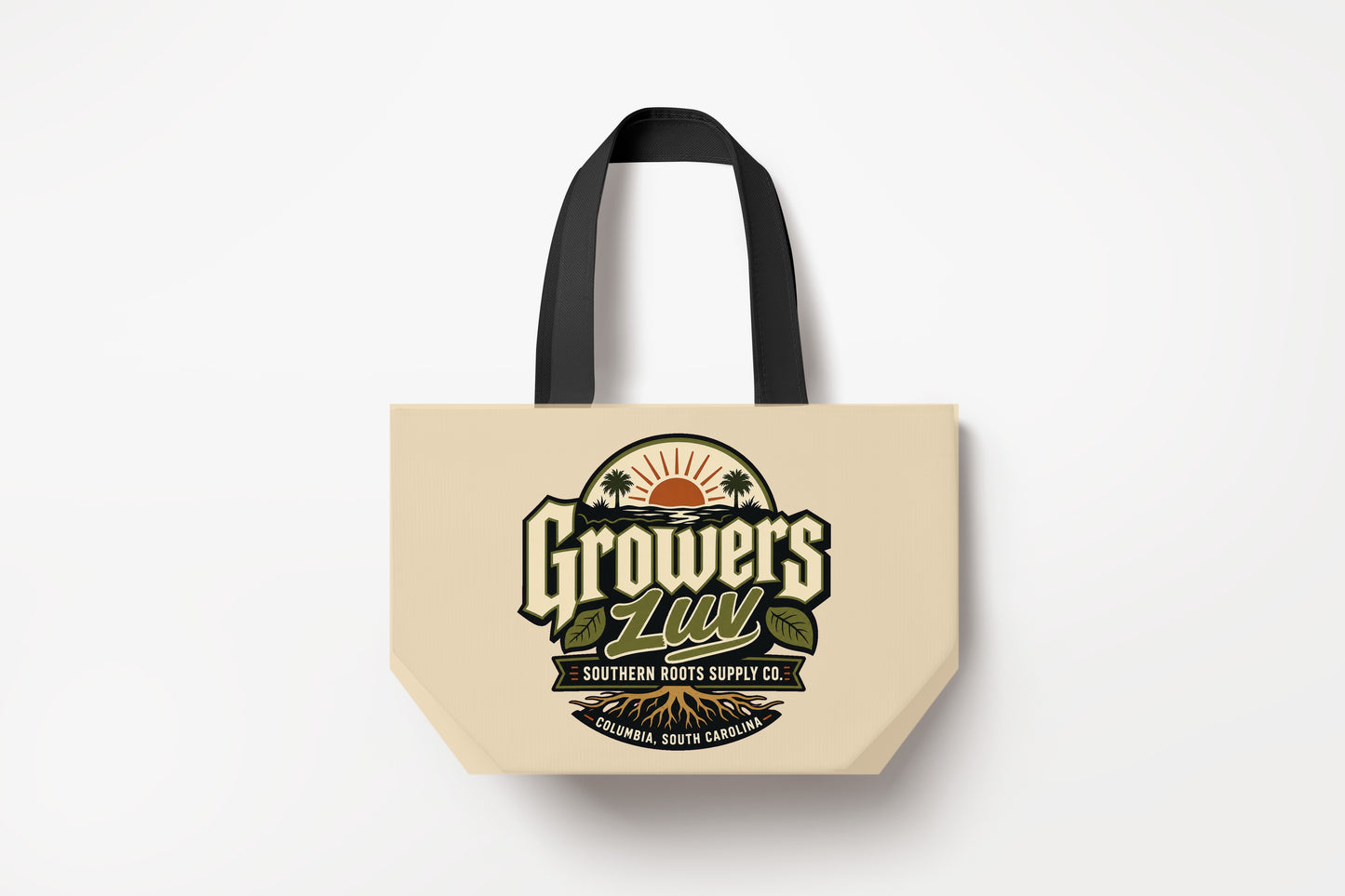 Southern Roots Supply Co Large Natural Tote Bag product mockup on natural tote bag