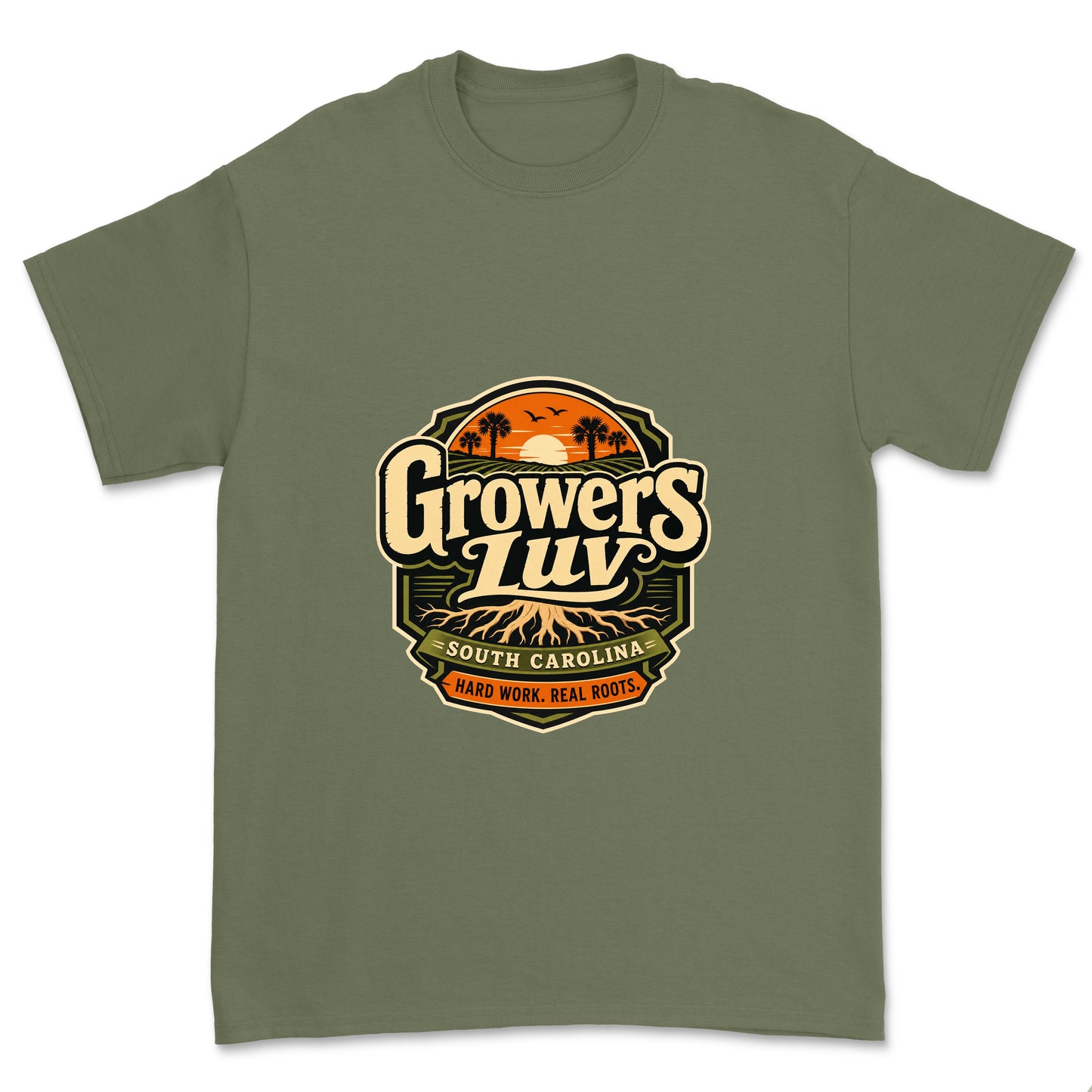 Hard Work Real Roots Men's Gildan Graphic Tee in Military Green