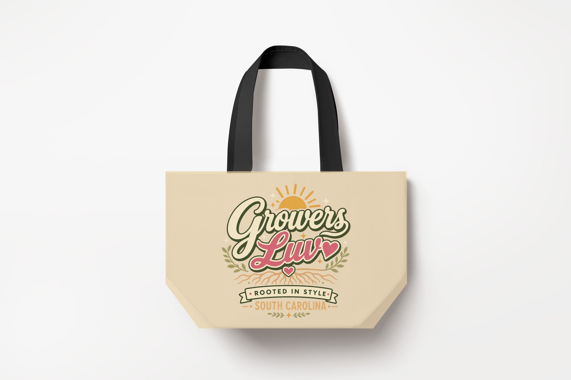 Rooted In Style Large Natural Tote Bag product mockup on natural tote bag