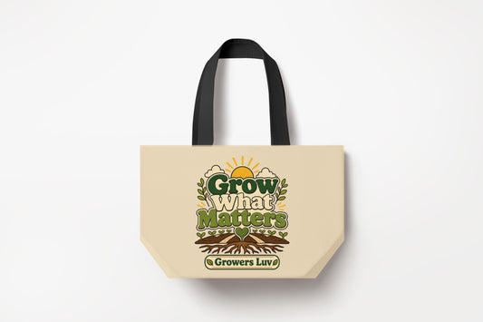 Grow What Matters Large Natural Tote Bag product mockup on natural tote bag