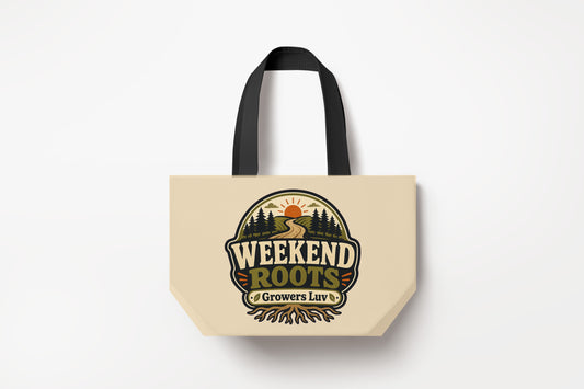 Weekend Roots Large Natural Tote Bag product mockup on natural tote bag