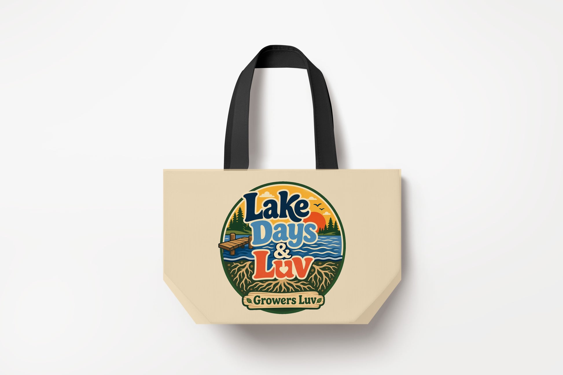 Lake Days Luv Large Natural Tote Bag product mockup on natural tote bag