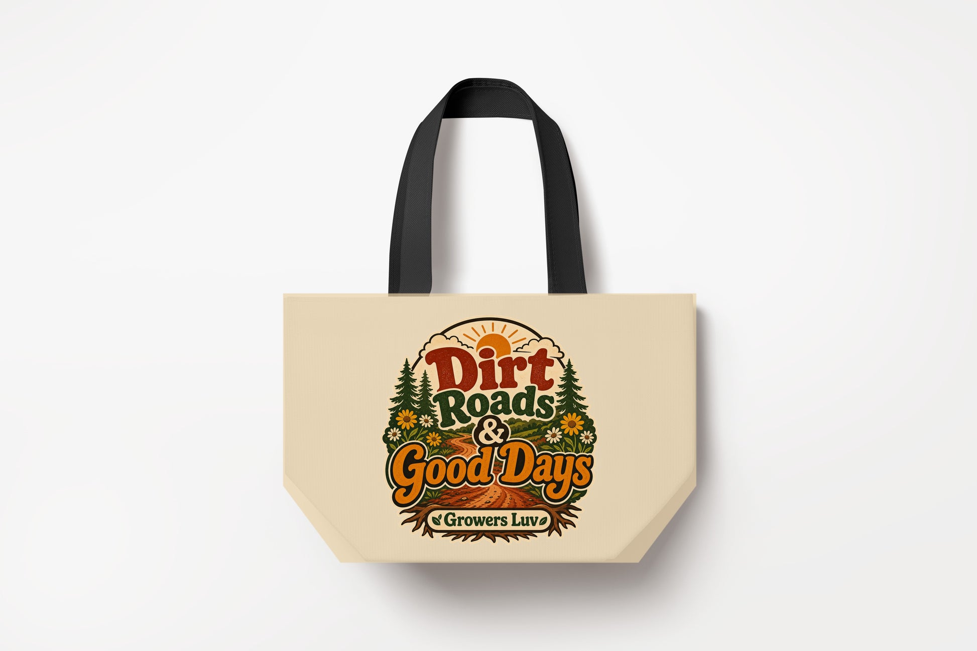 Dirt Roads Good Days Large Natural Tote Bag product mockup on natural tote bag
